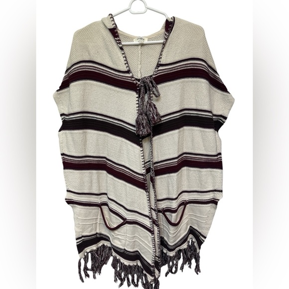 Umgee Women's Burgundy Cream Hooded Chic Boho Bohemian Tribal Wrap Cardigan NWOT - Picture 1 of 10